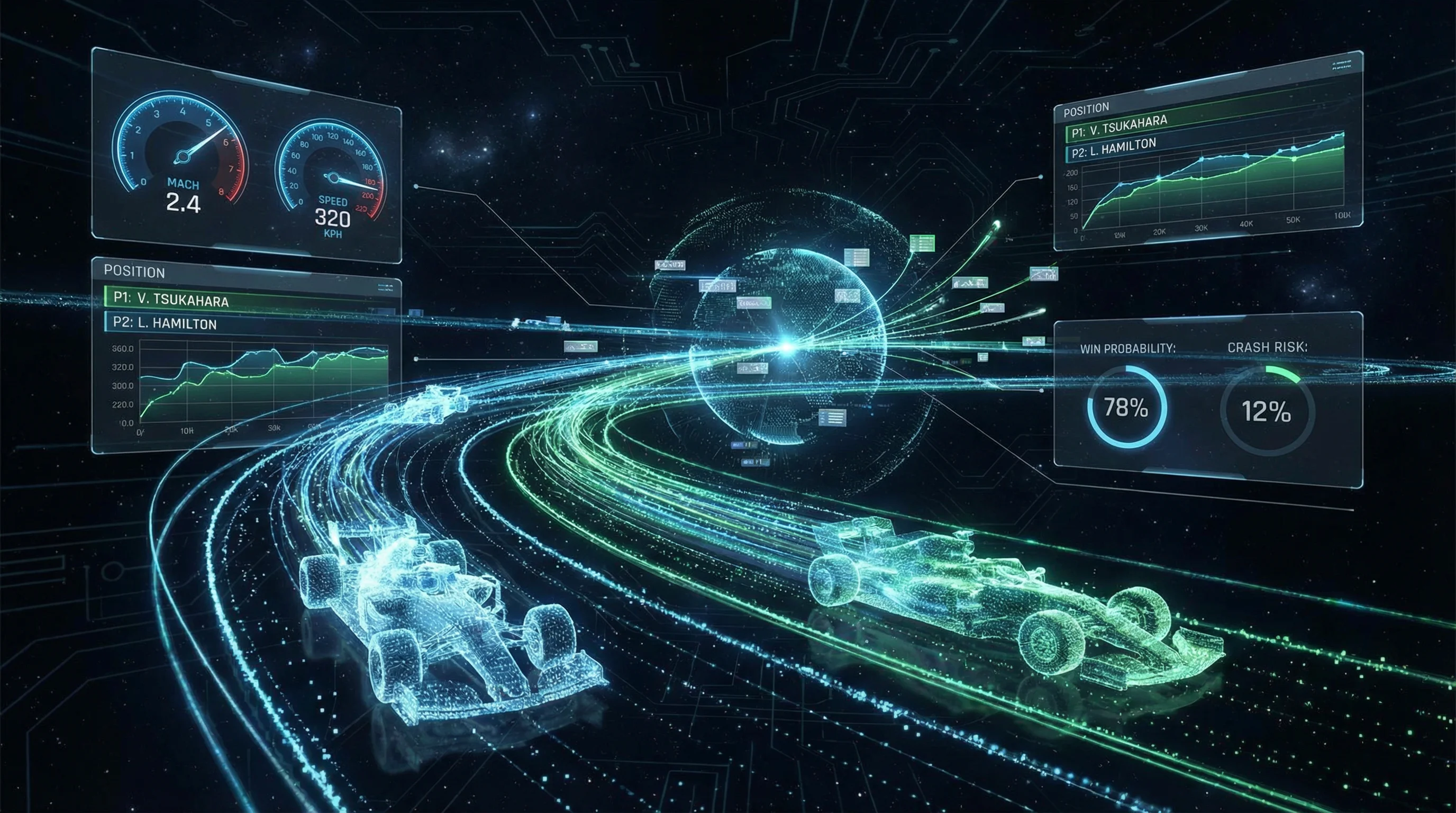 科幻风格的赛车引擎核心，闪烁着蓝色和绿色的光芒